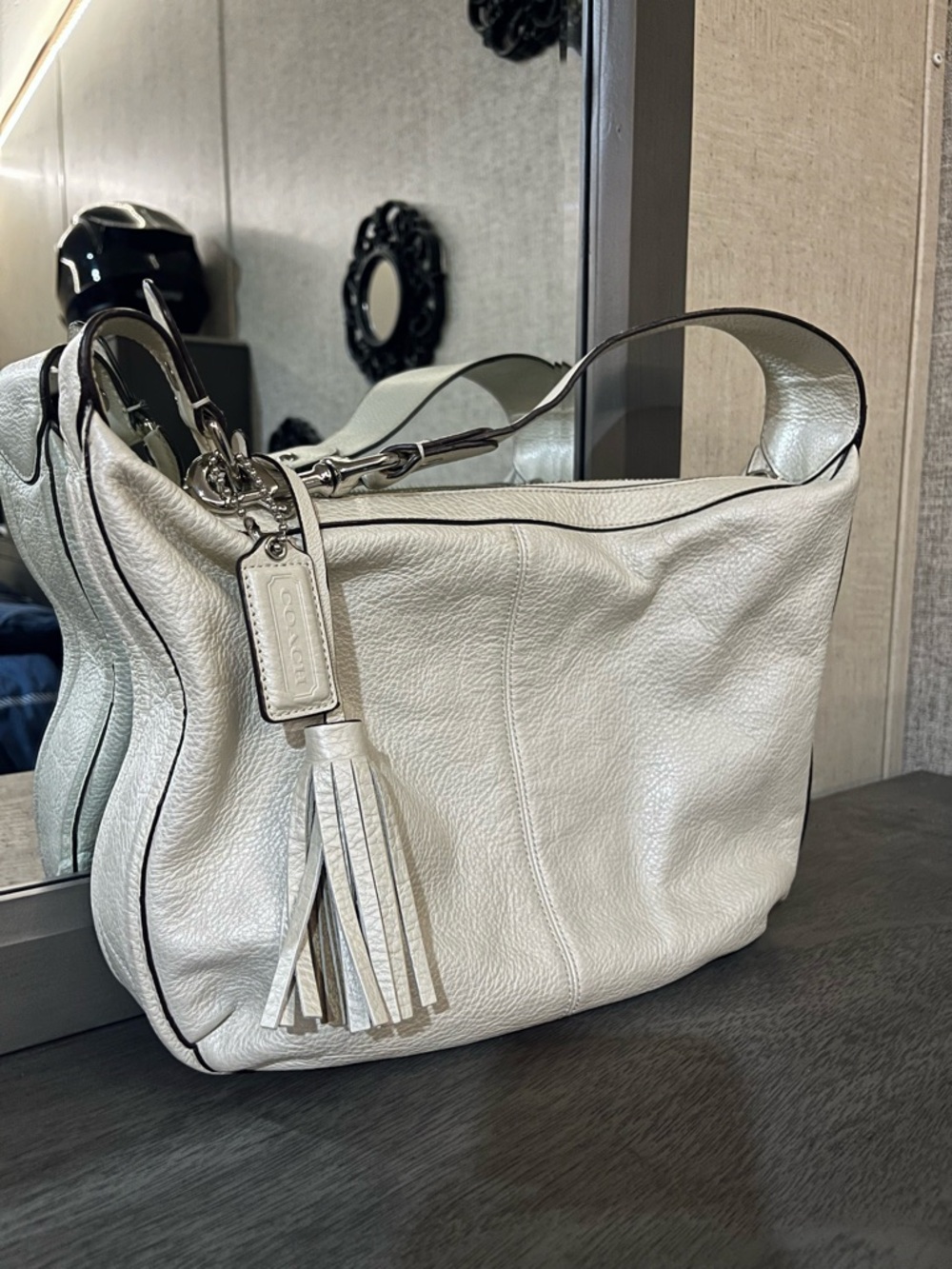Coach White Leather Shoulder Hobo with Tassel